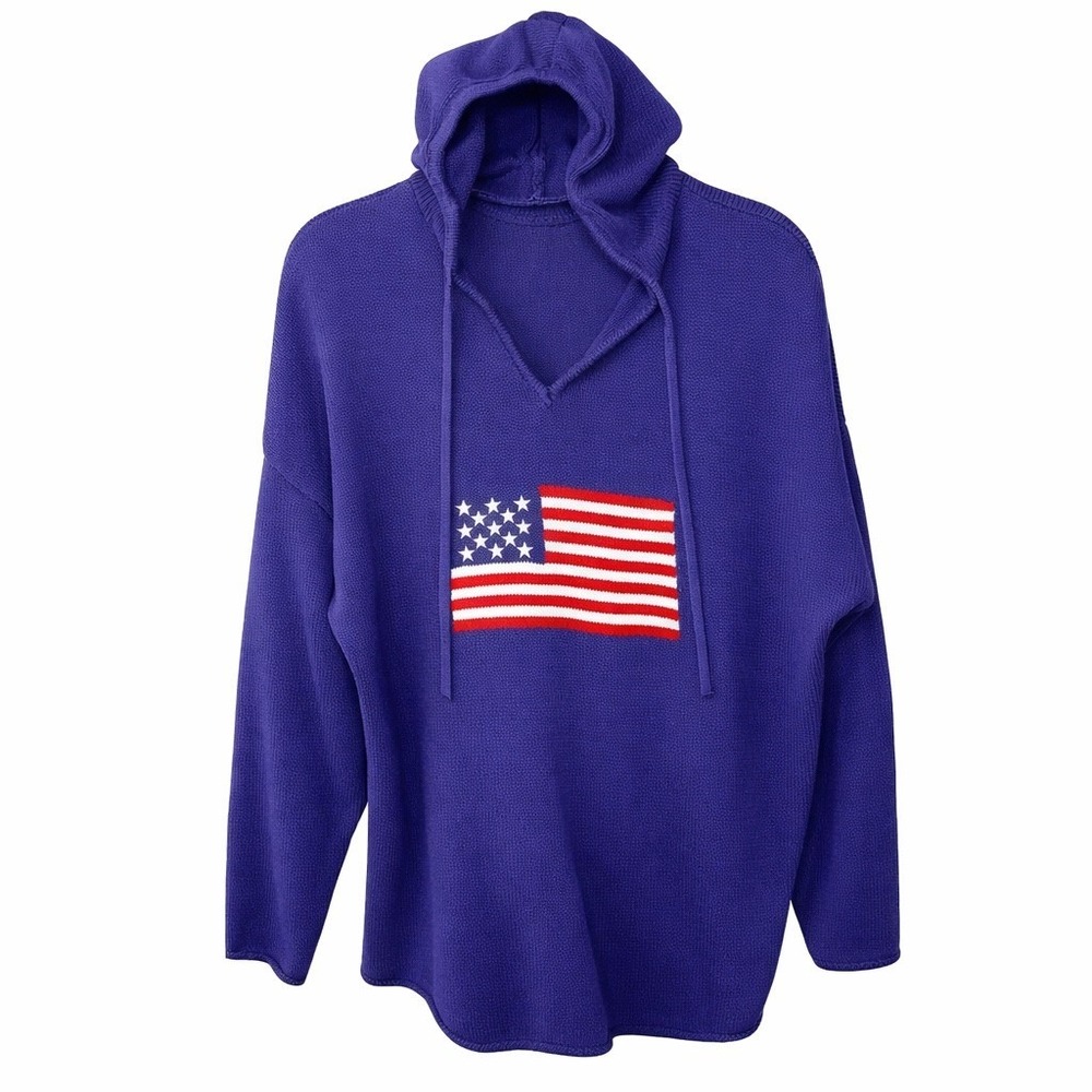 BRIT.NY Navy American Flag Knitted Hoodie Pullover Sweater Size‎ XL Rolled Hem